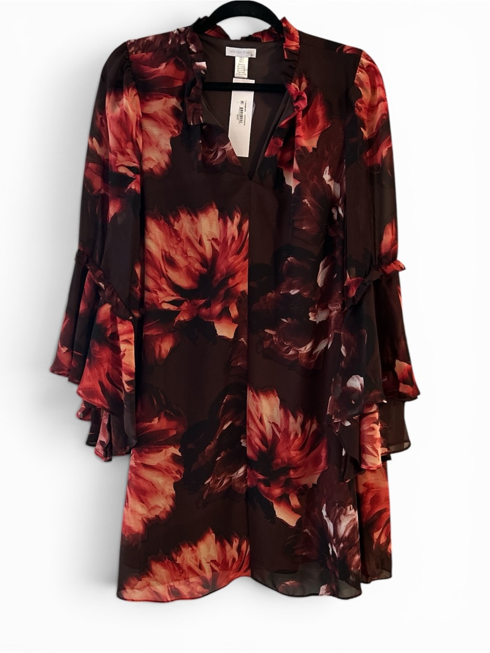 London Times Dark Brown & Red Floral Ruffle Tunic